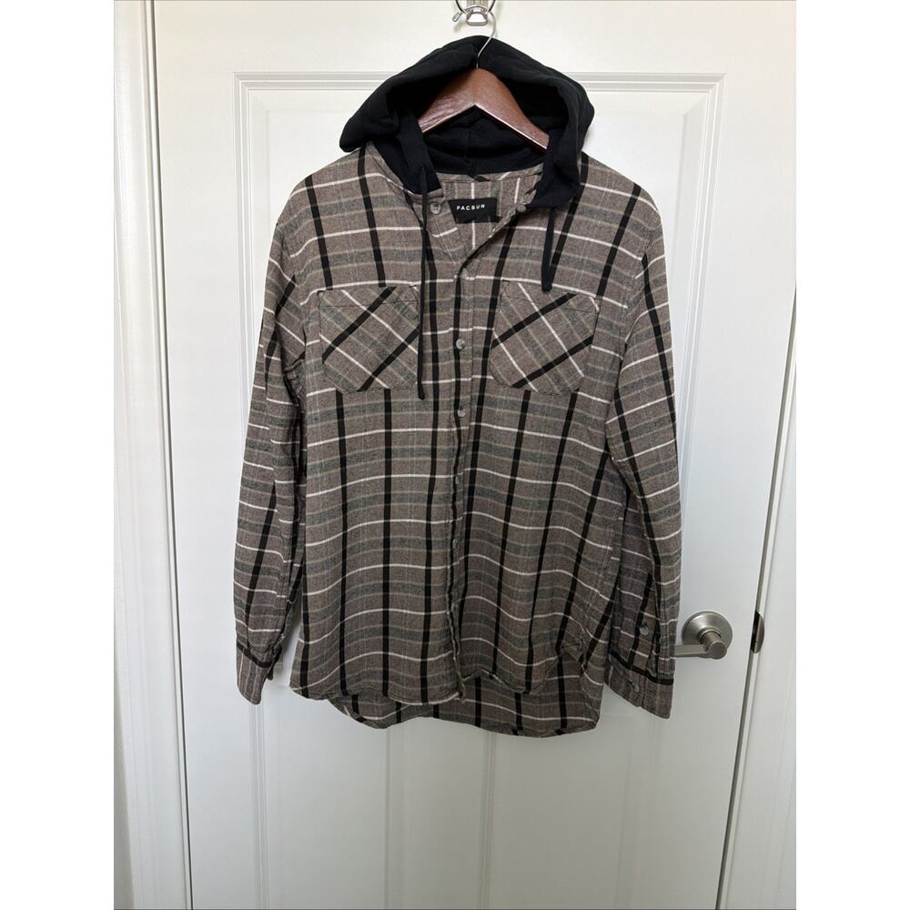 PacSun Flannel Button Up Shirt Men's M Brown Black Plaid Long Sleeve Hooded